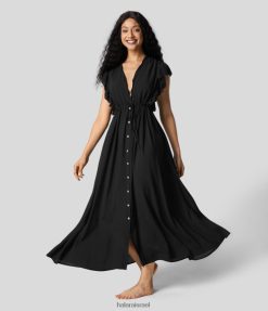 Halara נשים שרוול פרפר עם צווארון V עמוק ללא גב כפתור שרוך צד כיס שוטף שמלת קז'ואל מקסי XX0PF1145 הַלבָּשָׁה שָׁחוֹר