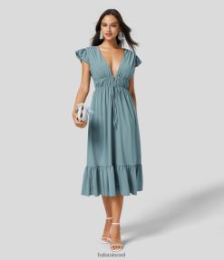 Halara נשים שרוול פרפר עם צווארון V עמוק רוח מרוכז בכיס צד עם קשר ללא גב עם שולי שולי שמלת שושבינה ואורחת כלה יבשה מהירה XX0PF1159 הַלבָּשָׁה כחול אבן