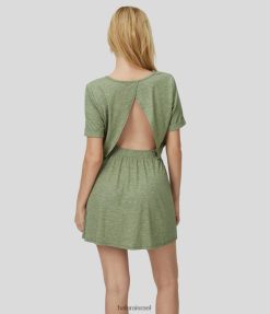 Halara נשים שרוול קצר עם צווארון עגול חתוך ללא גב שמלת מיני קז'ואל XX0PF1011 הַלבָּשָׁה חוט פרחוני ירוק בהיר