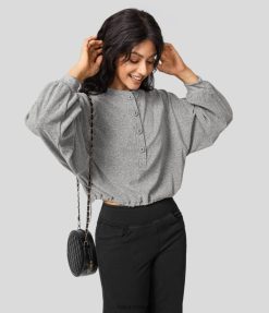 Halara נשים שרוול raglan כפתור מתכוונן מכפלת שרוך קז'ואל סווטשירט XX0PF2015 בגדים פעילים אפור כהה מנומר