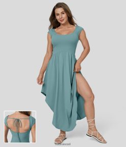 Halara נשים שרוולים עם כובע קטן עם צווארון רוח קל קשירה אחורית אסימטרית מכפלת זורמת מקסי שמלת קז'ואל מהירה יבשה XX0PF1176 הַלבָּשָׁה כחול מינרלי