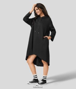 Halara נשים שרוך ברדס עם שרוול ארוך כיס צד מפוצל גבוה נמוך מזדמן סווטשירט כותנה ארוך קו XX0PF2028 הַלבָּשָׁה שָׁחוֹר