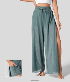 Halara נשים שרוך מותן גבוה מרושת רשת מפוצלת 2 ב-1 כיס צד שוטף מכנסי יוגה רחבים XX0PF131 בגדים פעילים מְקוֹרִי