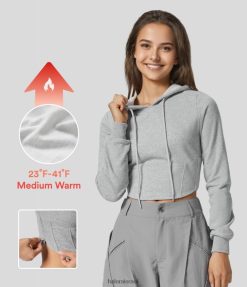 Halara נשים שרוך עם קפוצ'ון מחוך עם שרוולים ארוכים רוכסן בלתי נראה מכפלת קצוצה קצוצה דק צמר סווטשירט כותנה קז'ואל XX0PF1979 הַלבָּשָׁה אפור ערפל