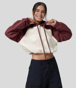 Halara נשים שרוך עם קפוצ'ון שרוול ארוך מתכוונן שרוך צבע בלוק סווטשירט כותנה מזדמן XX0PF1995 הַלבָּשָׁה סניטר ברנדי