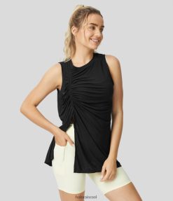 Halara נשים שרוך צוואר עגול עם מכפלת מפוצלת גופיית ג'קארד רגילה XX0PF1668 הַלבָּשָׁה שָׁחוֹר