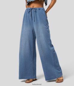 Halara נשים שרוך קסום באמצע העלייה כיסים מרובים שטוף ג'ינס סריג נמתח קז'ואל רחב רגליים XX0PF1326 הַלבָּשָׁה ג'ינס כחול בוש