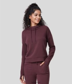 Halara נשים שרוך קפוצ'ון חור אגודל מפוצל מכפלת סווטשירט מזדמן מכותנה XX0PF1997 הַלבָּשָׁה מהגוני אדום