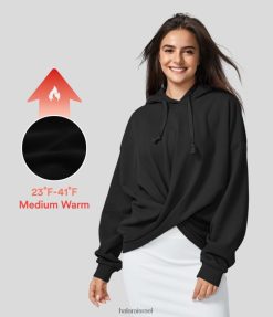 Halara נשים שרוך קפוצ'ון מעוות שרוולים ארוכים צמר כותנה ספורט סווטשירט קז'ואל XX0PF2006 בגדים פעילים שָׁחוֹר