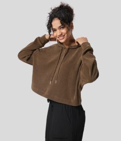 Halara נשים שרוך שרוך כתף עם קפוצ'ון נינוח קפוצ'ון שניל XX0PF2021 הַלבָּשָׁה ליקר קפה