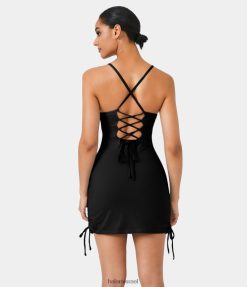 Halara נשים שרוך שרוך ללא גב 2 חלקים כיס bodycon שמלת קז'ואל קטנה XX0PF933 בגדים פעילים שָׁחוֹר