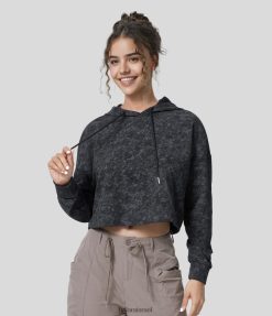 Halara נשים שרוך שרוך עם קפוצ'ון נשמט כתף קצוץ מכובס קז'ואל ספורט סווטשירט כותנה XX0PF1963 בגדים פעילים עשן כהה אפור