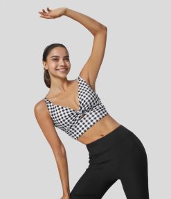 Halara נשים תמיכה נמוכה בגזרה מעוותת ללא גב חזיית ספורט יוגה משובצת וינטג' XX0PF1601 בגדים פעילים משובץ שחור לבן