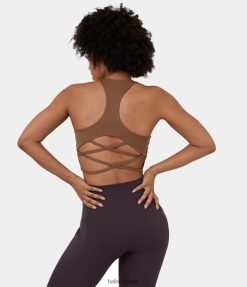 Halara נשים תמיכה נמוכה צוואר U ללא גב חזיית ספורט יוגה רוכבת בריצה XX0PF1597 בגדים פעילים חום חרובים