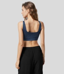 Halara נשים magic u neck סריג ג'ינס נמתח נמתח ללא גב גופיית קז'ואל קצוצה XX0PF1368 הַלבָּשָׁה ג'ינס מכובס אגם כחול