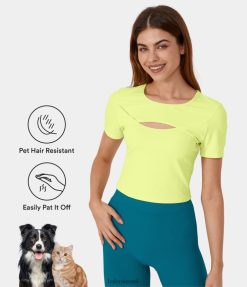 Halara נשים patitoff flow עמיד לשיער חיות מחמד צוואר עגול חתוך קצוץ טופ ריקוד בלט באר XX0PF1917 בגדים פעילים ירוק עלה חדש