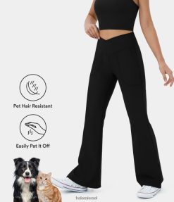 Halara נשים patitoff flow שיער חיות מחמד עמיד בכיס מוצלב שולי יוגה מתלקחות חותלות-חיוך XX0PF348 בגדים פעילים שָׁחוֹר