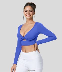Halara נשים softlyzero אוורירי עמוק צוואר V מעוות חתוך שרוולים ארוכים קצוץ טופ יוגה מגע מגניב XX0PF1871 בגדים פעילים כחול אסטר