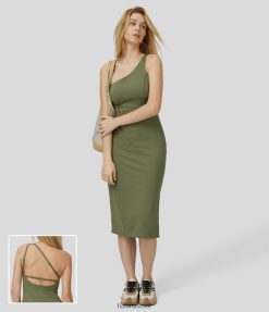 Halara נשים softlyzero אוורירית כתף אחת ללא גב מפוצלת midi מגניב מגע קז'ואל שמלת קז'ואל XX0PF964 בגדים פעילים לודן ירוק