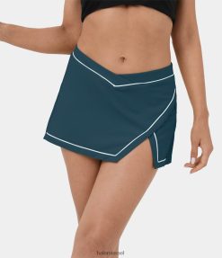 Halara נשים softlyzero אוורירית מוצלבת נמוכה בגזרה V בצורת חגורת מותן ניגודיות 2 ב-1 חצאית ריקוד מפוצלת מיני מגניבה XX0PF615 בגדים פעילים דיו ירוק