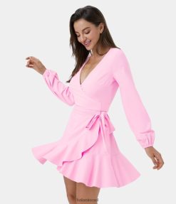 Halara נשים softlyzero אוורירית עמוקה צווארון V עטוף קשירה עם שולי סלסולים שמלת קז'ואל מגניבה מגע מגניב XX0PF1064 הַלבָּשָׁה חוטם