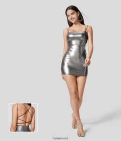 Halara נשים softlyzero דמוי עור ללא גב ללא גב צלב גב bodycon מתכתי הדפס נייר כסף מתכתי שמלת מיני מסיבה נמתחת XX0PF1077 הַלבָּשָׁה כסף שחור מבריק