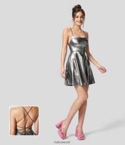 Halara נשים softlyzero דמוי עור ללא גב ללא גב שרוך מוצלב עם שולי הדפס נייר כסף מתכתי שמלת החלקה נמתחת למסיבה XX0PF1042 הַלבָּשָׁה מְקוֹרִי