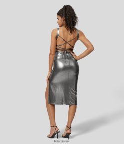 Halara נשים softlyzero דמוי עור ללא גב ללא גב שרוכים מפוצלים בשוליים מפוצלים הדפס נייר כסף נמתח גוף קון מידי שמלת החלקה למסיבה XX0PF1109 הַלבָּשָׁה כסף שחור מבריק