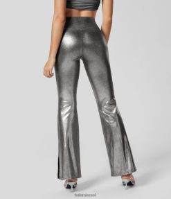 Halara נשים softlyzero דמוי עור מוצלב עם מותן גבוה כיס צד מפוצל מכפלת באורך מלא מתכתי מתכתי חותלות מתלקחות XX0PF376 בגדים פעילים כסף שחור מבריק