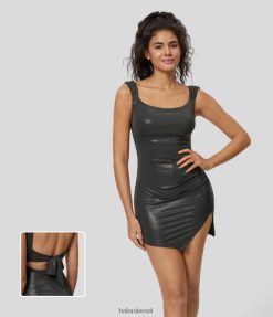 Halara נשים softlyzero דמוי עור משופשף ללא גב קשירה לאחור מפוצלת מכפלת מפוצלת הדפס נייר כסף נמתח XX0PF1039 הַלבָּשָׁה שחור בין ערביים מבריק