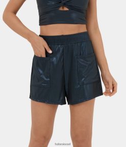 Halara נשים softlyzero דמוי עור עם מותן גבוה בהדפס כיס צד עם הדפסי נייר כסף קצרים קז'ואל קצרים 3 אינץ' XX0PF1548 בגדים פעילים כחול חצות מבריק