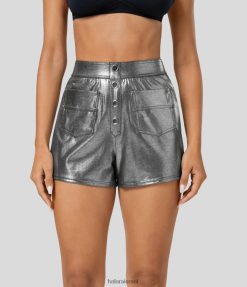 Halara נשים softlyzero דמוי עור עם מותן גבוה כפתור דקורטיבי עם כיסים מרובים מכנסי קז'ואל נמתחים בהדפס נייר כסף מתכתי XX0PF1539 הַלבָּשָׁה כסף שחור מבריק