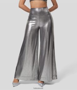 Halara נשים softlyzero דמוי עור עם מותניים רחבה רגליים מתכתיות עם הדפס נייר כסף נמתח XX0PF206 בגדים פעילים כסף שחור מבריק