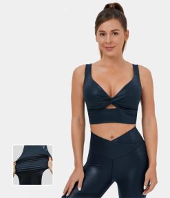 Halara נשים softlyzero דמוי עור תמיכה נמוכה חתוכה מעוותת ללא גב הדפסת נייר כסף נמתחת חזיית ספורט יוגה XX0PF1540 בגדים פעילים כחול חצות מבריק