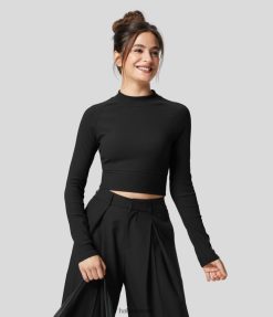 Halara נשים softlyzero מצולע מדומה צווארון שרוולים ארוכים קצוץ ספורט קז'ואל טופ XX0PF1802 בגדים פעילים שָׁחוֹר