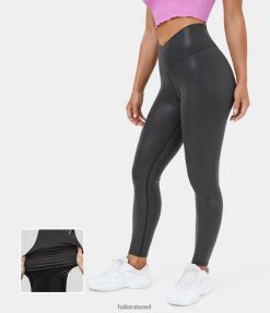 Halara נשים softlyzero עור מלאכותי מוצלב עם כיס אחורי עם הדפסי נייר כסף חותלות קז'ואל נמתחות XX0PF1502 בגדים פעילים שחור בין ערביים מבריק