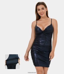 Halara נשים softlyzero עור מלאכותי מתכוונן ללא גב מעוות שרוולים הדפס נייר כסף נמתח מיני קז'ואל XX0PF1051 הַלבָּשָׁה כחול חצות מבריק