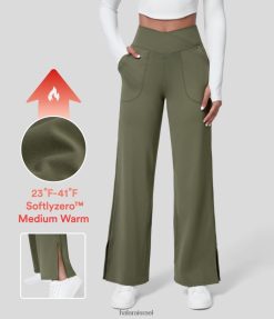 Halara נשים softlyzero פליס עם מותניים מוצלבים בכיס צד מפוצל מכנסי יוגה ברגליים רחבות XX0PF205 בגדים פעילים דשא אפור ירוק