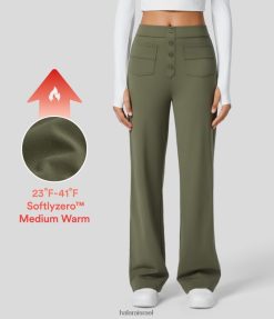 Halara נשים softlyzero פליסה כפתור מותן גבוה עם כיסים מרובים מכנסיים קז'ואל עם רגל ישרה XX0PF452 הַלבָּשָׁה דשא אפור ירוק
