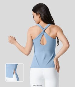 Halara נשים softlyzero צוואר מרובע אוורירי ללא גב חתוך גב מעוות גב גבוה נמוך מכפלת מפוצלת גופיית יוגה מגניבה XX0PF1743 בגדים פעילים בל אייר כחול