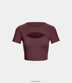 Halara נשים softlyzero צוואר עגול קטיפה חתוך חתוך סרגל בלט ריקוד ספורט טופ XX0PF1812 בגדים פעילים מהגוני אדום