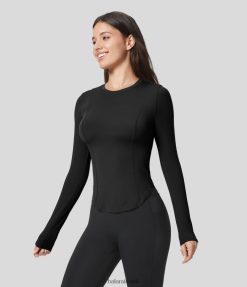 Halara נשים softlyzero צווארון עגול שרוולים ארוכים מכפלת מכפלת טופ יוגה ספורט XX0PF1847 בגדים פעילים שָׁחוֹר