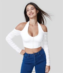 Halara נשים softlyzero קולר אוורירי ללא גב רוכסן ניגודיות רשת מרופטת קצוץ מגע מגניב ספורט קז'ואל טופ XX0PF1905 בגדים פעילים לבן