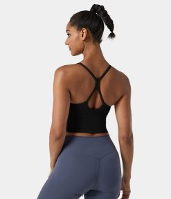 Halara נשים softlyzero קטיפה חסרת גב גזורה צולבת גופייה קצוצה XX0PF1701 בגדים פעילים שָׁחוֹר