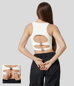 Halara נשים softlyzero קטיפה חסרת גב חתוכה אבזם קצוץ גופייה מזדמנת XX0PF1774 בגדים פעילים לבן