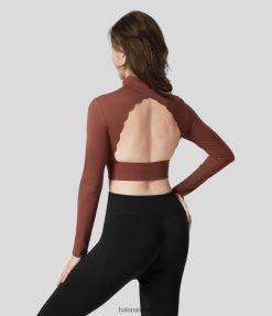 Halara נשים softlyzero קטיפה חסרת גב חתוכה מעמד צווארון שרוולים ארוכים קצוץ סקאלופ טופ יוגה ספורט XX0PF1910 בגדים פעילים סקויה