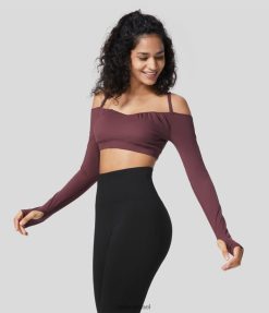 Halara נשים softlyzero קטיפה כתף קרה משוכפלת חור אגודל עם שרוול ארוך קצוץ טופ יוגה ספורט XX0PF1891 בגדים פעילים מהגוני אדום