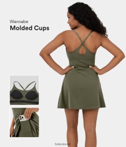 Halara נשים softlyzero קטיפה ללא גב רצועה מתכווננת 2 ב-1 כיס קו שמלה פעילה מיני טניס XX0PF850 בגדים פעילים דשא אפור ירוק