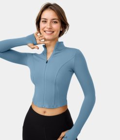 Halara נשים softlyzero קטיפה מדומה צוואר מלא רוכסן חור אגודל ספורט ז'קט XX0PF2040 בגדים פעילים כחול אמצע חם
