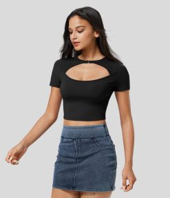 Halara נשים softlyzero קטיפה צווארון חתוך שרוולים קצרים קצוץ ספורט קז'ואל טופ XX0PF1842 בגדים פעילים שָׁחוֹר